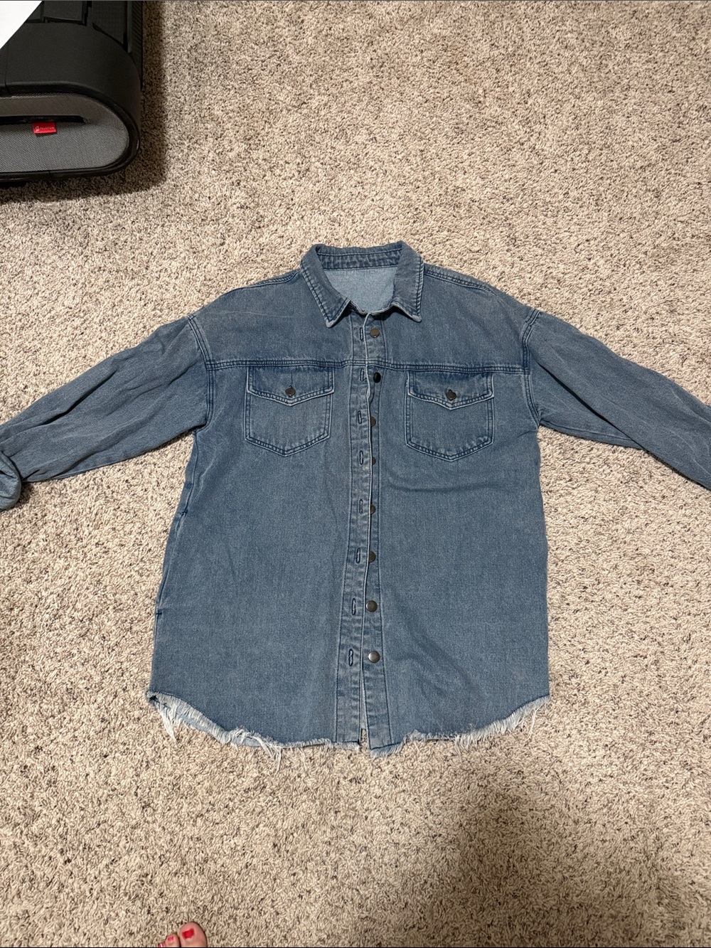 Amazon Washed Blue Denim Button-Front Jacket with Frayed Hem